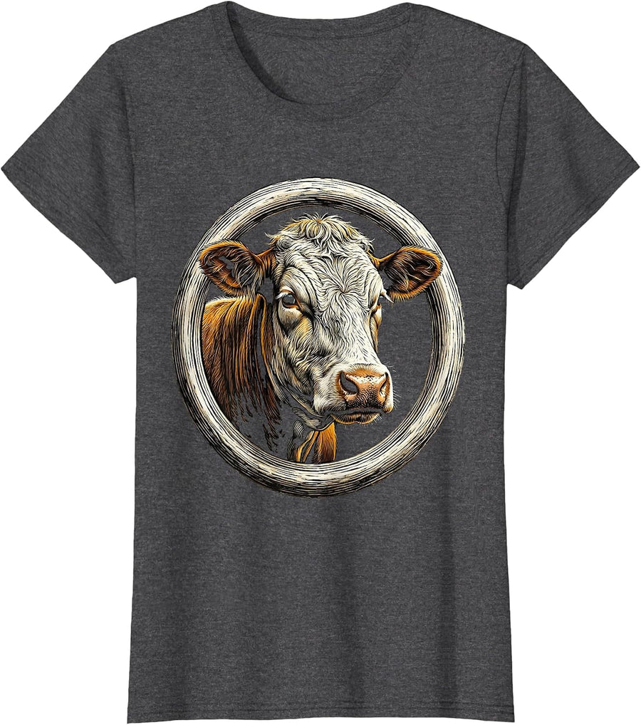 Women's Vintage Badge Cow Portrait Illustration T-Shirt - Dark Heather Grey
