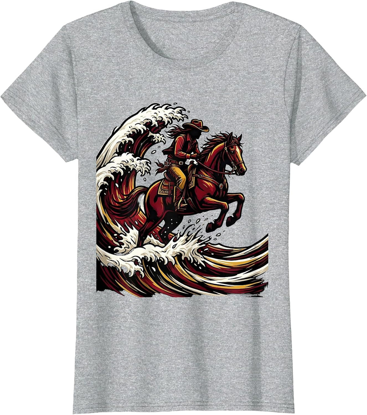 Cowgirl Riding Horse Through Ocean Waves T-Shirt - Heather Grey