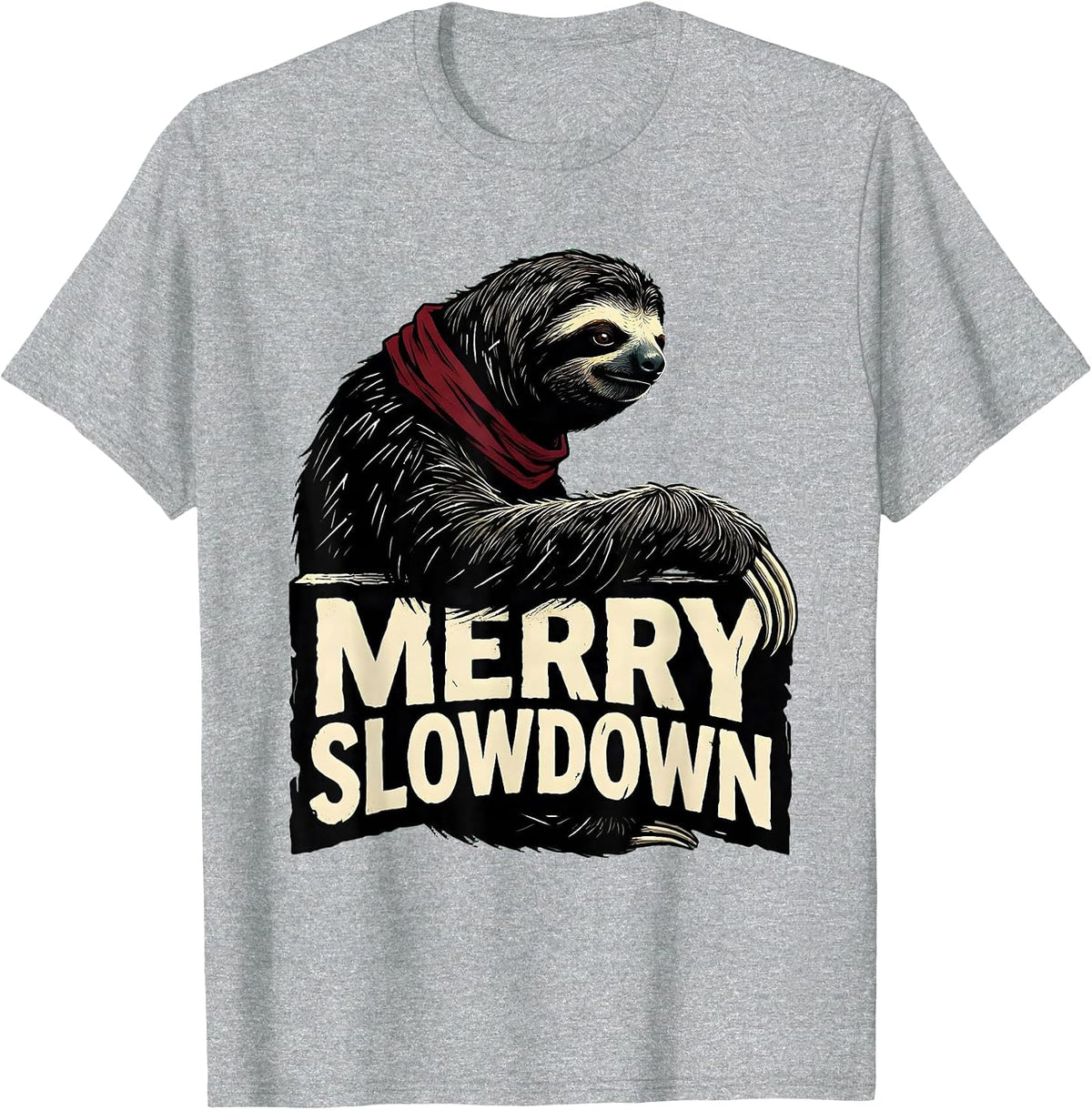 Men's Merry Slowdown Linocut Funny Sloth Lover Christmas Pajama T-Shirt - Heather Grey