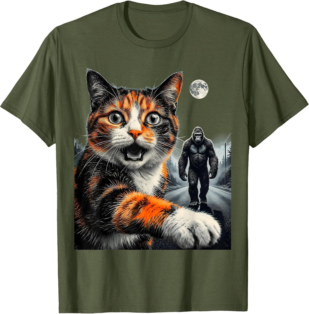 Men's Oversized Cat Bigfoot Selfie Funny Cryptid Meme Humor T-Shirt - Olive Green