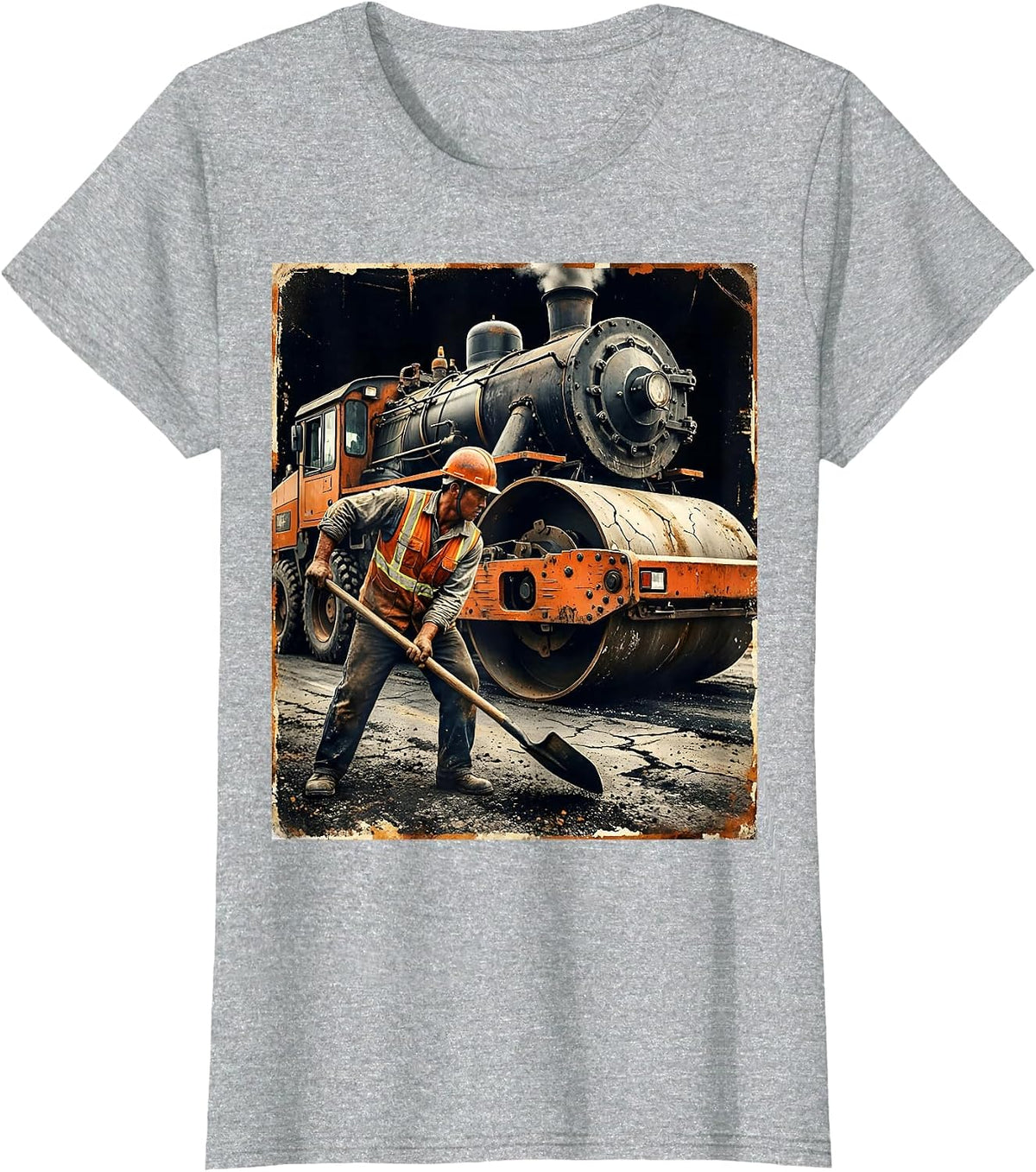 Labor Day Road Paver Steam Roller Graphic T-Shirt - Heather Grey