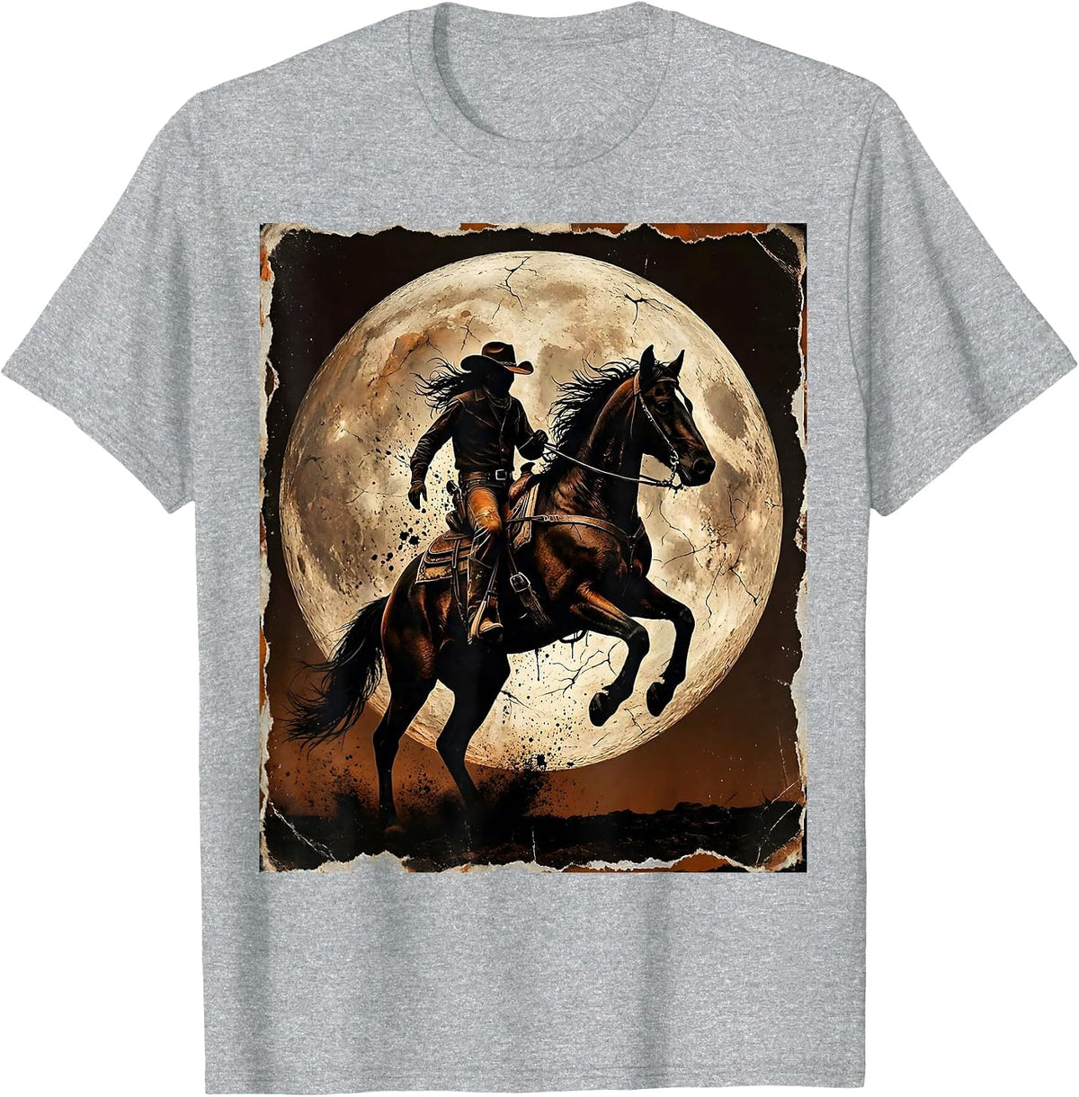 Men's White Cowgirl Rearing Horse Full Moon Graphic T-Shirt - Heather Grey