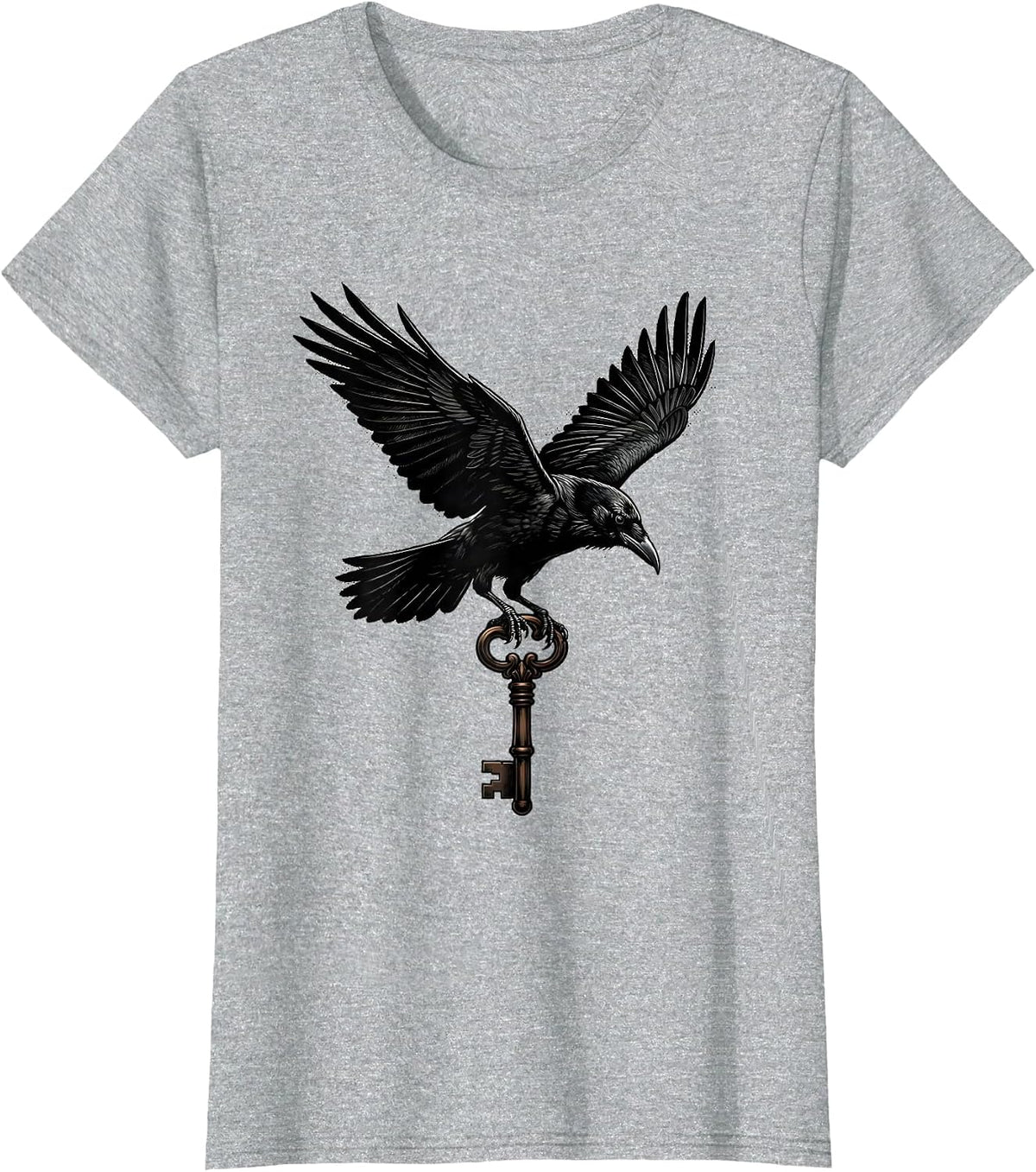 Women's Crow in Flight Clutching a Key Graphic Design T-Shirt - Heather Grey