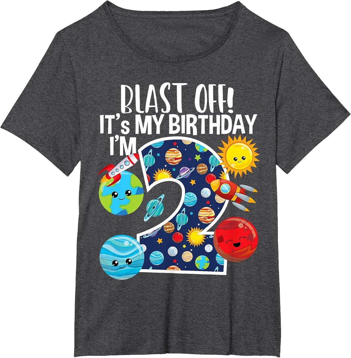 Space Planets Funny Solar Space 2nd Birthday Party 2 Yrs Old T-Shirt - Dark Heather Grey