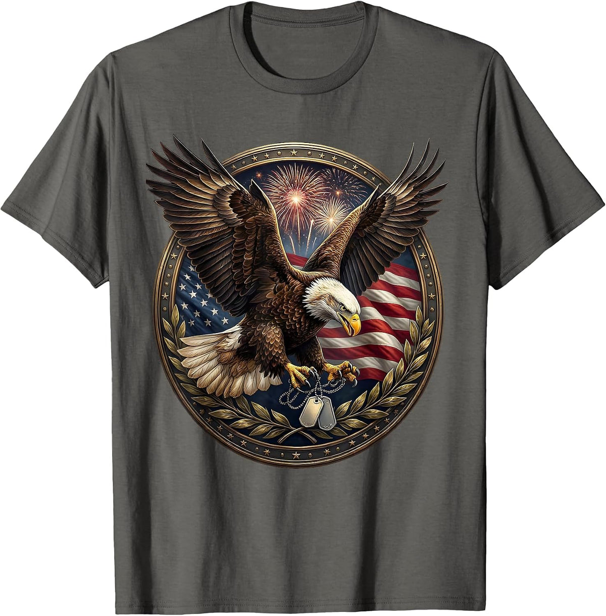 Bald Eagle Military Dog Tags US Army Graphic T-Shirt - Asphalt Grey