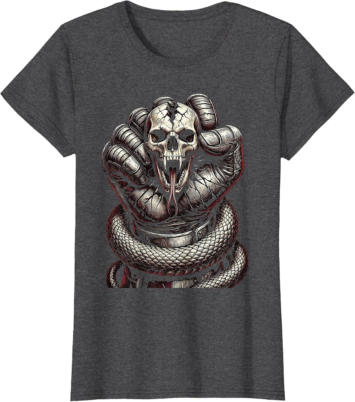 Women's Gloved Fist Crushing Serpent Skull Graphic T-Shirt - Dark Heather Grey