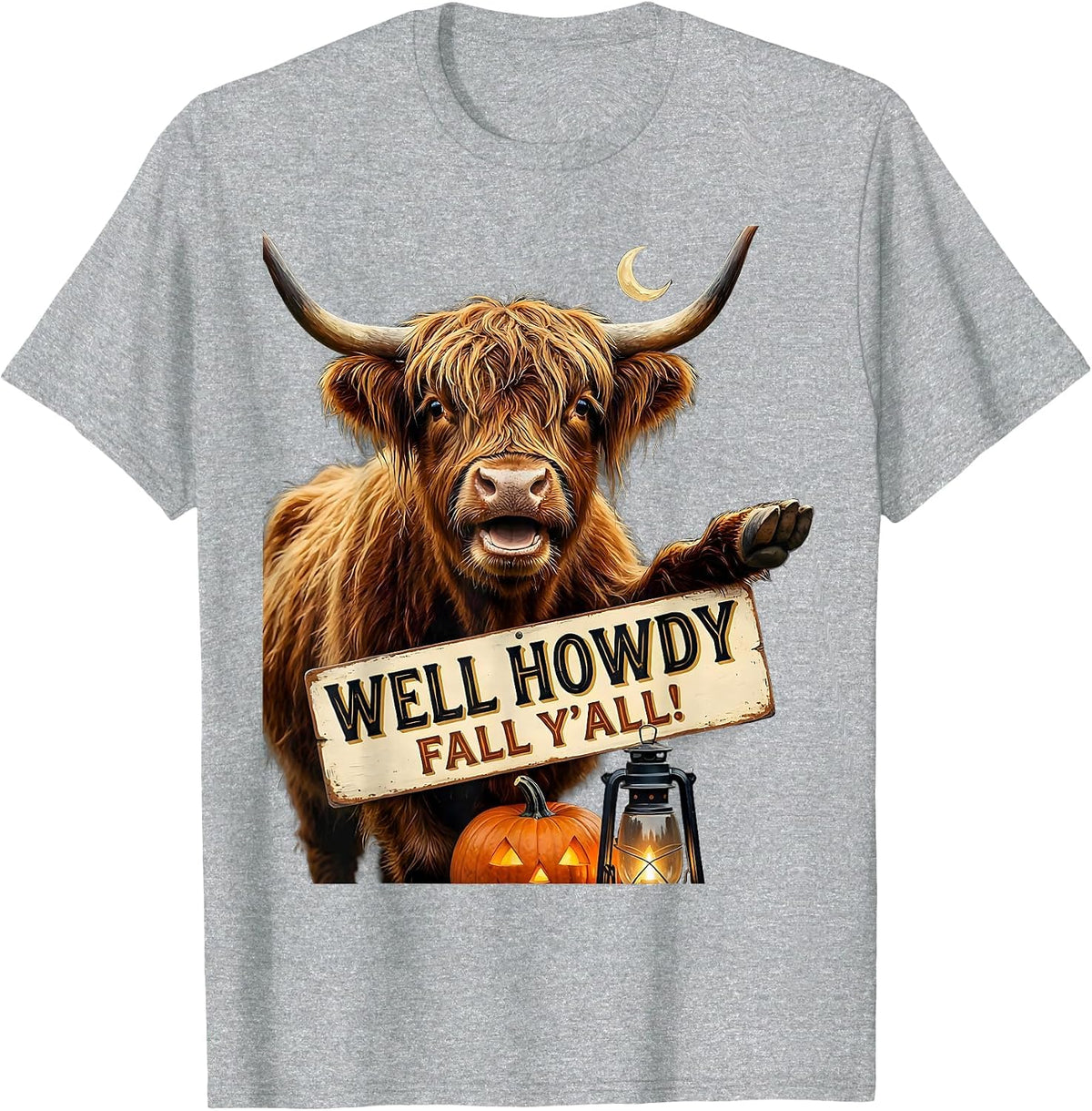 Men's Well Howdy, Fall Y'all! Whimsical Highland Cow Halloween T-Shirt - Heather Grey