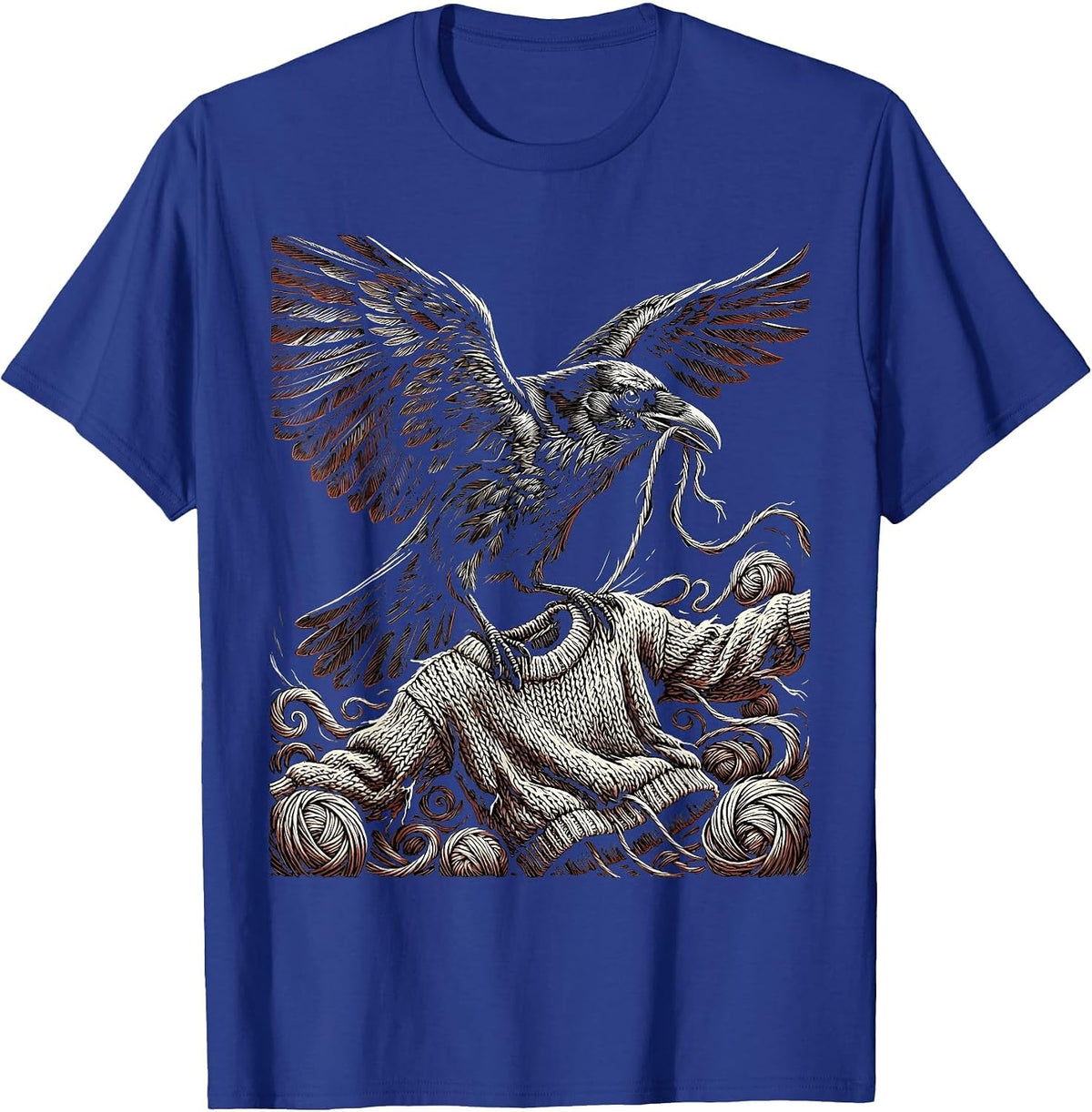 Crow Unraveling Sweater Funny Bird Art T-Shirt - Royal Blue