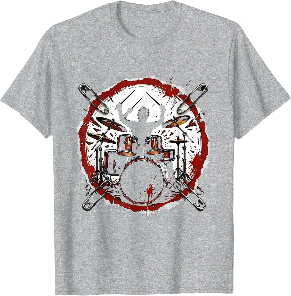 Men's Drummer Silhouette Exploding Drum Kit Rock Design T-Shirt - Heather Grey
