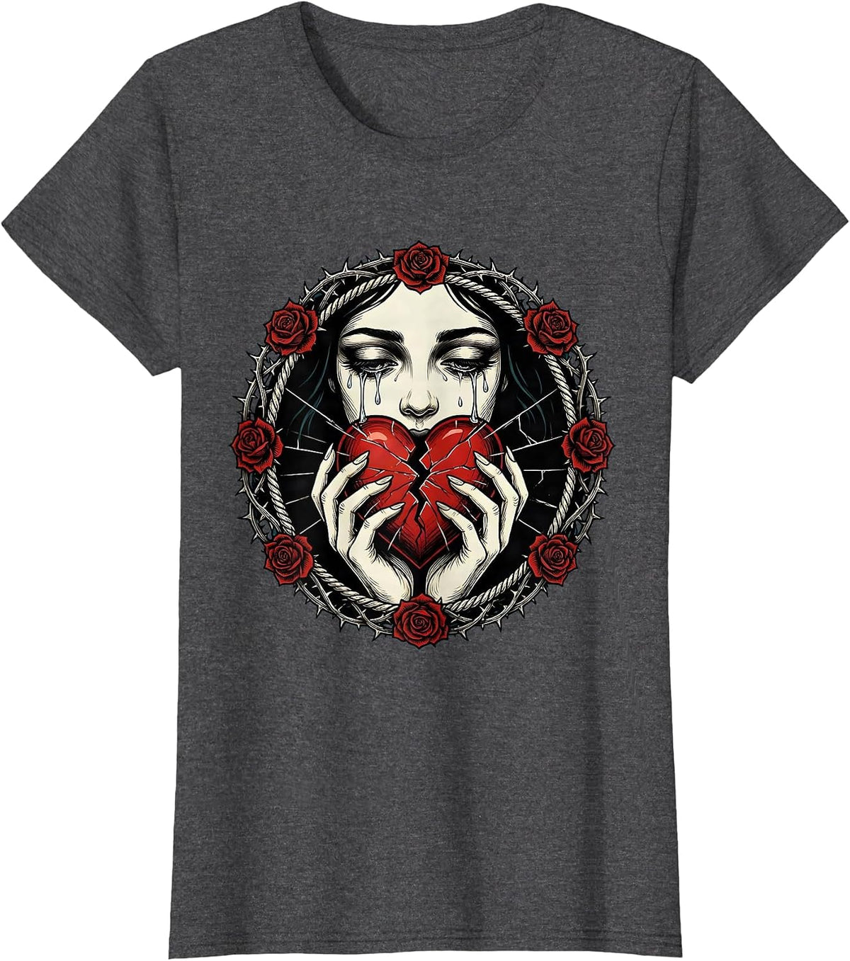 Women's Emo Broken Heart Glass Shard Illustration T-Shirt - Dark Heather Grey