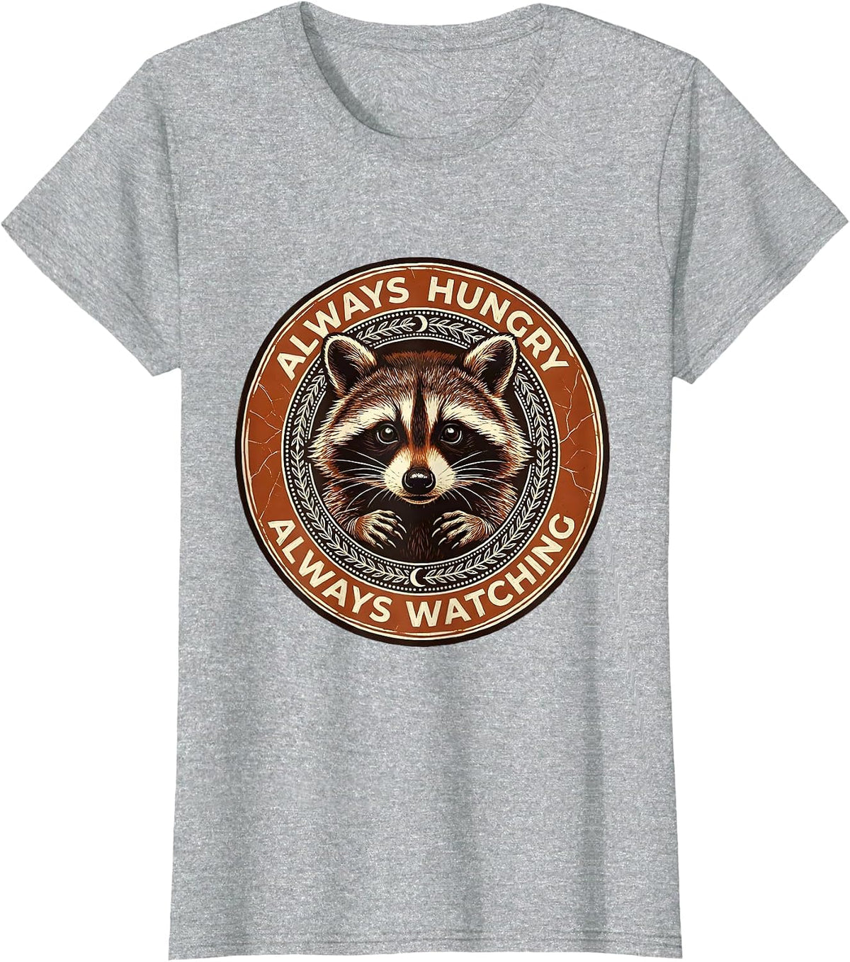 Always Hungry Always Watching Snacks Raccoon Design T-Shirt - Heather Grey