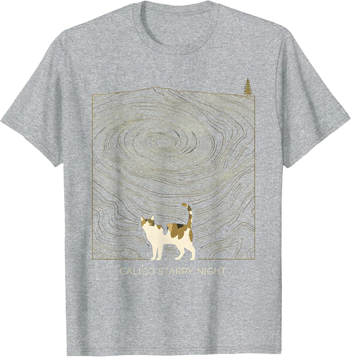 Men's Calico Starry Night Whimsical Van Gogh Cat Lover Art T-Shirt - Heather Grey