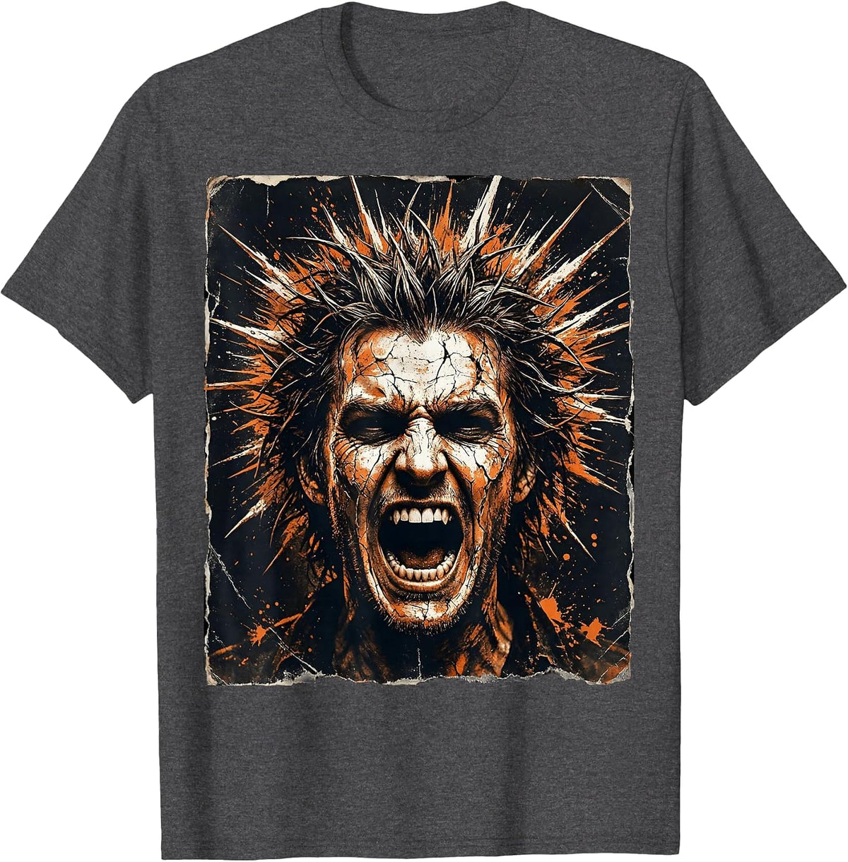 Punk Rock Screaming Face Wild Spiked Hair Design T-Shirt - Dark Heather Grey