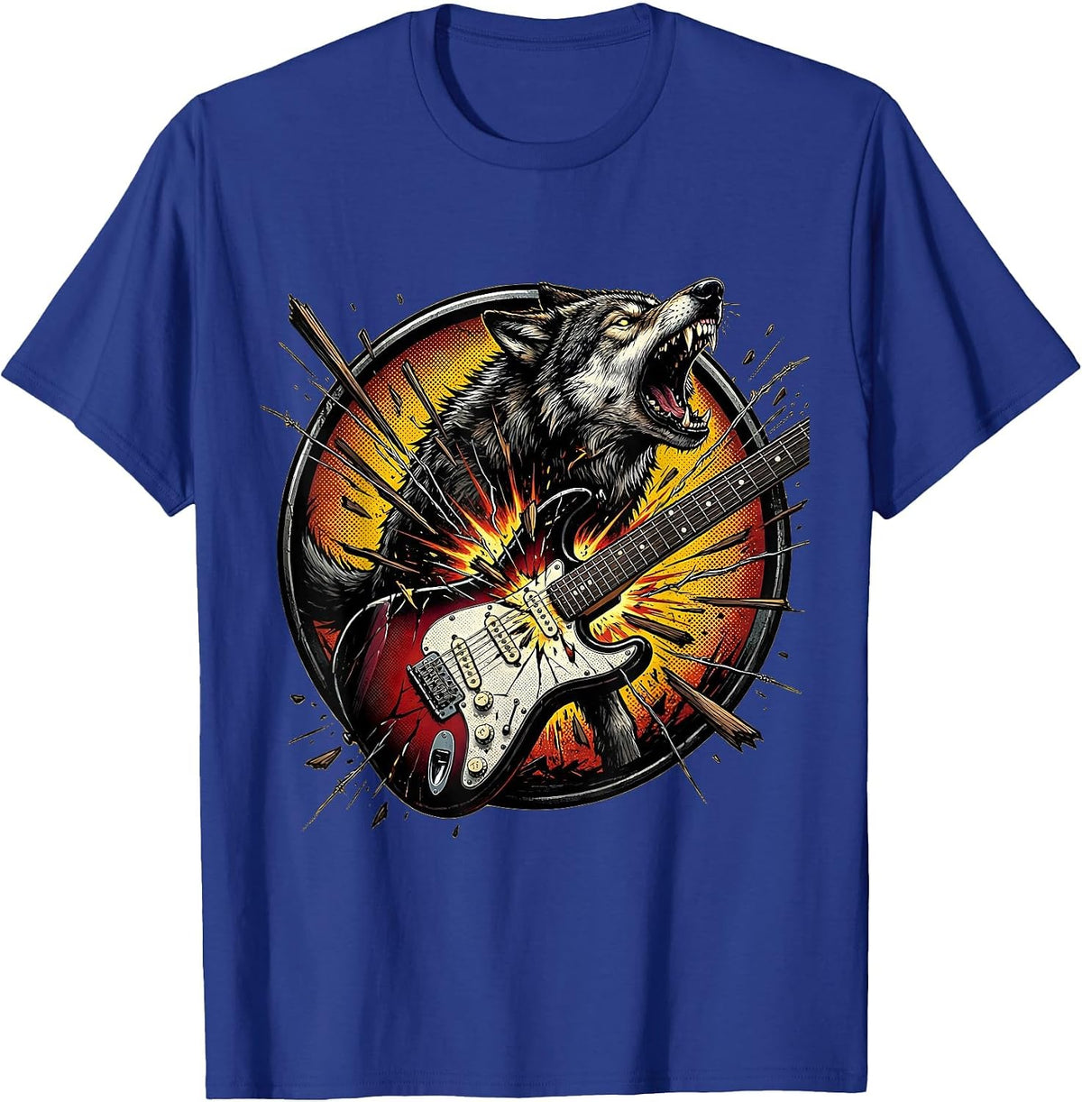 Wolf Howling Through Broken Guitar Classic Rock Art T-Shirt - Royal Blue
