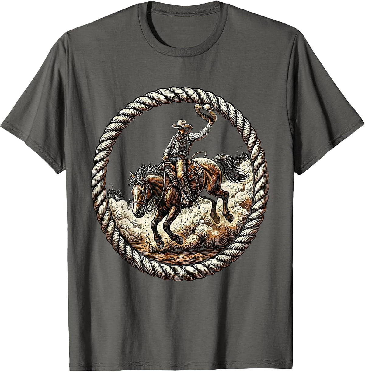 Cowboy Riding Bucking Bronco Dust Cloud Graphic T-Shirt - Asphalt Grey