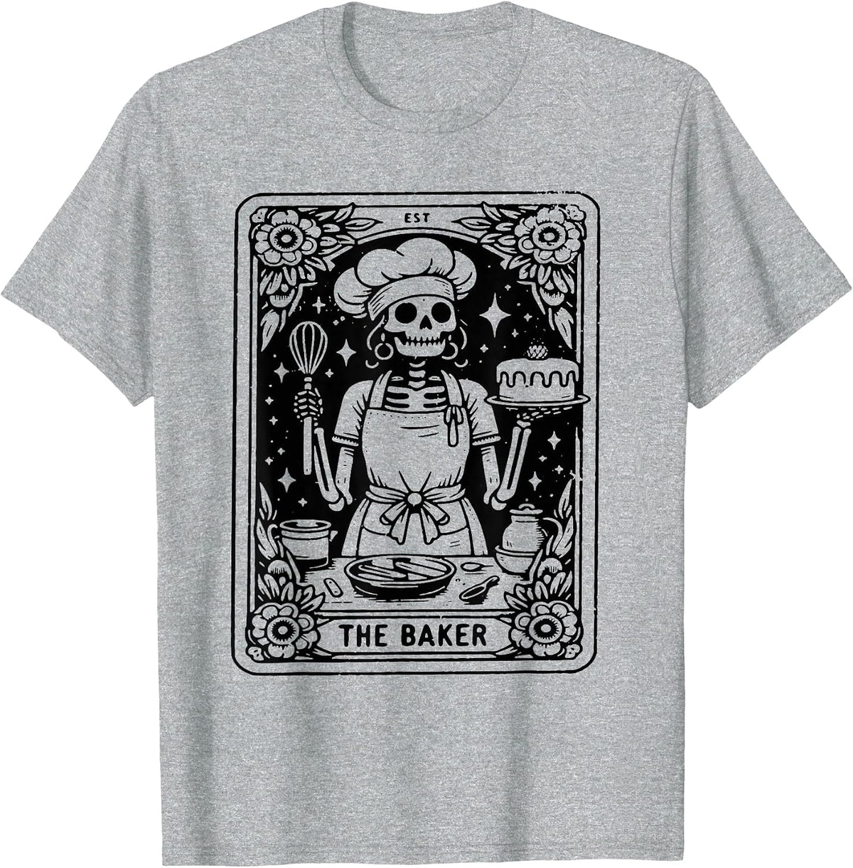 The Baker Tarot Card Skeleton Baking Skull Cook Witchy Chef T-Shirt - Heather Grey