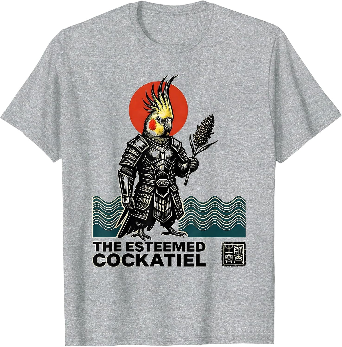 Men's The Esteemed Cockatiel Funny Anime Ukiyo-e Animal Mashup T-Shirt - Heather Grey