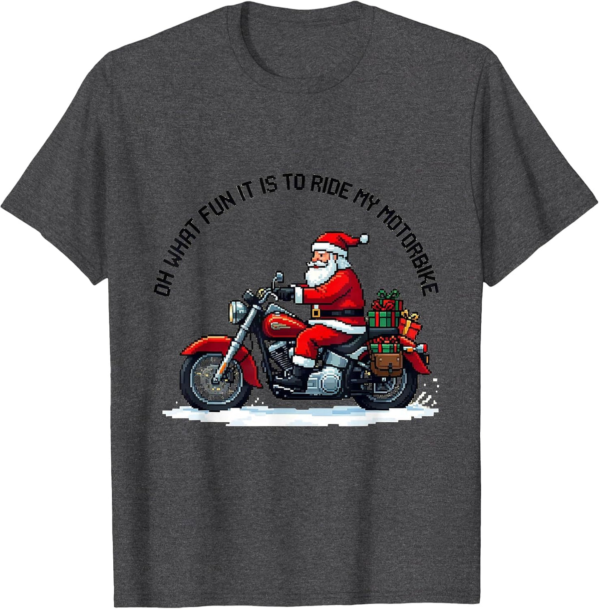 Men's Oh What Fun It Is To Ride My Motorbike Pixel Art Biker Santa T-Shirt - Dark Heather Grey