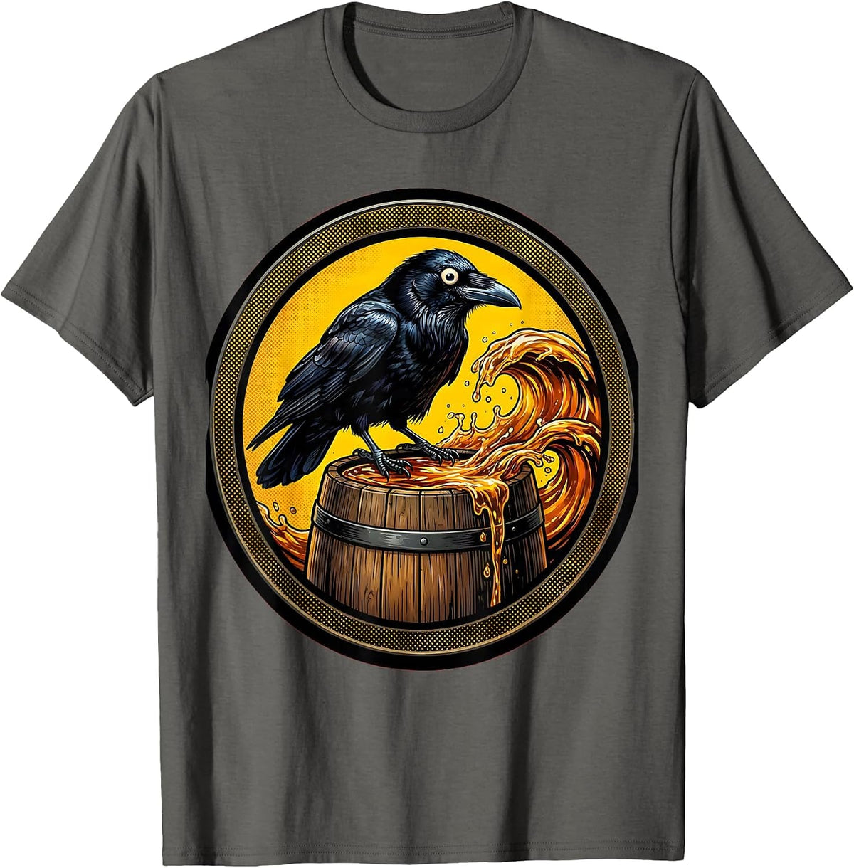 Men's Crow on Whiskey Barrel Halloween Graphic T-Shirt - Asphalt Grey
