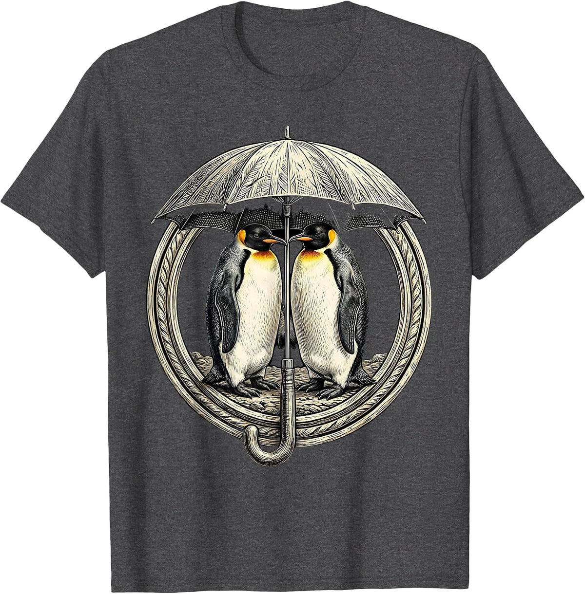 Two Penguins Sharing an Umbrella Cute Animal Art T-Shirt - Dark Heather Grey