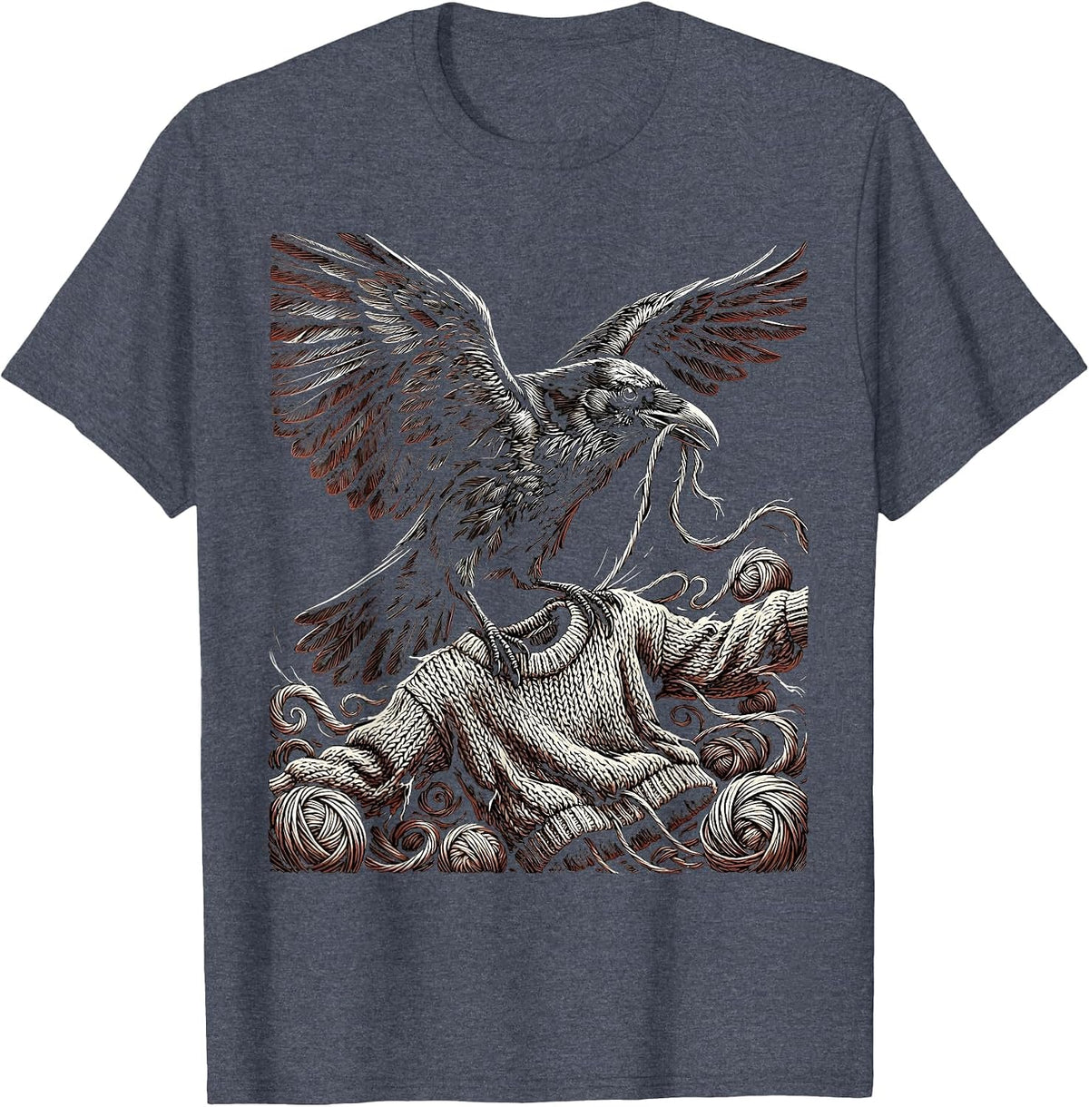 Crow Unraveling Sweater Funny Bird Art T-Shirt - Heather Blue