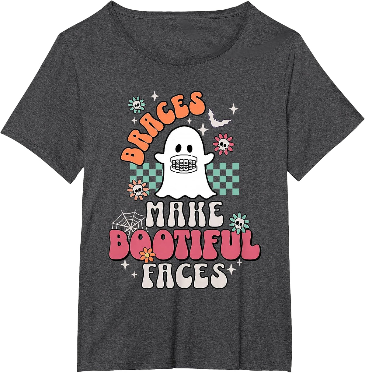 Braces Make Beautiful Faces Groovy Orthodontist Halloween T-Shirt - Dark Heather Grey