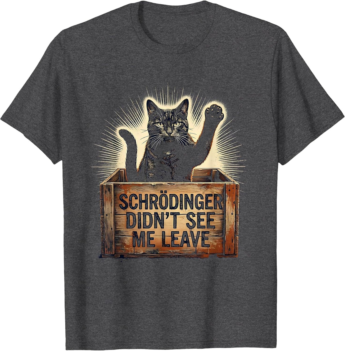 Schrödinger Didn't See Me Leave Vintage Cat Physics Humor T-Shirt - Dark Heather Grey