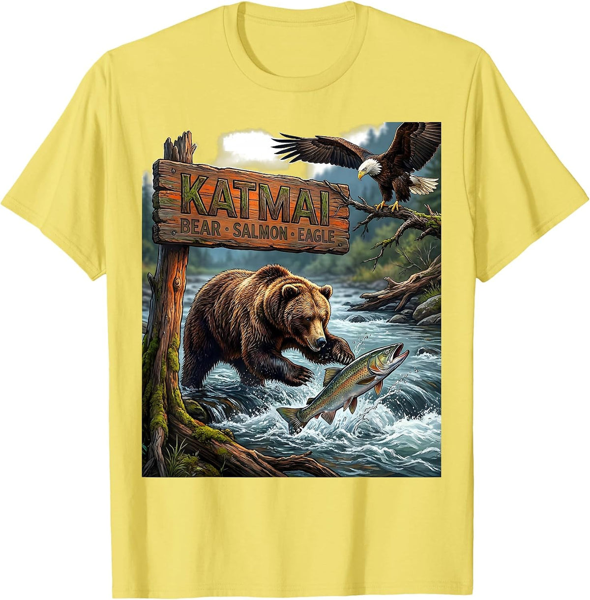 Men's Katmai — Bear, Salmon, Eagle Alaska Wildlife Souvenir State T-Shirt - Lemon Yellow