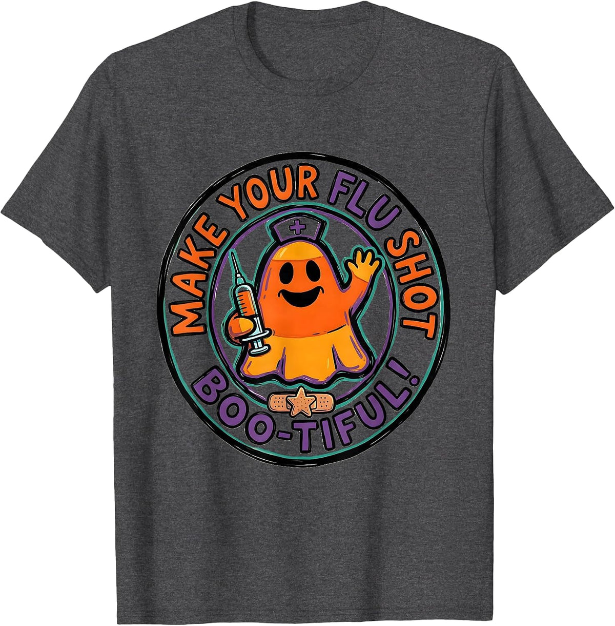 Men's Make Your Flu Shot Boo-tiful Funny Nurse Ghost Halloween T-Shirt - Dark Heather Grey