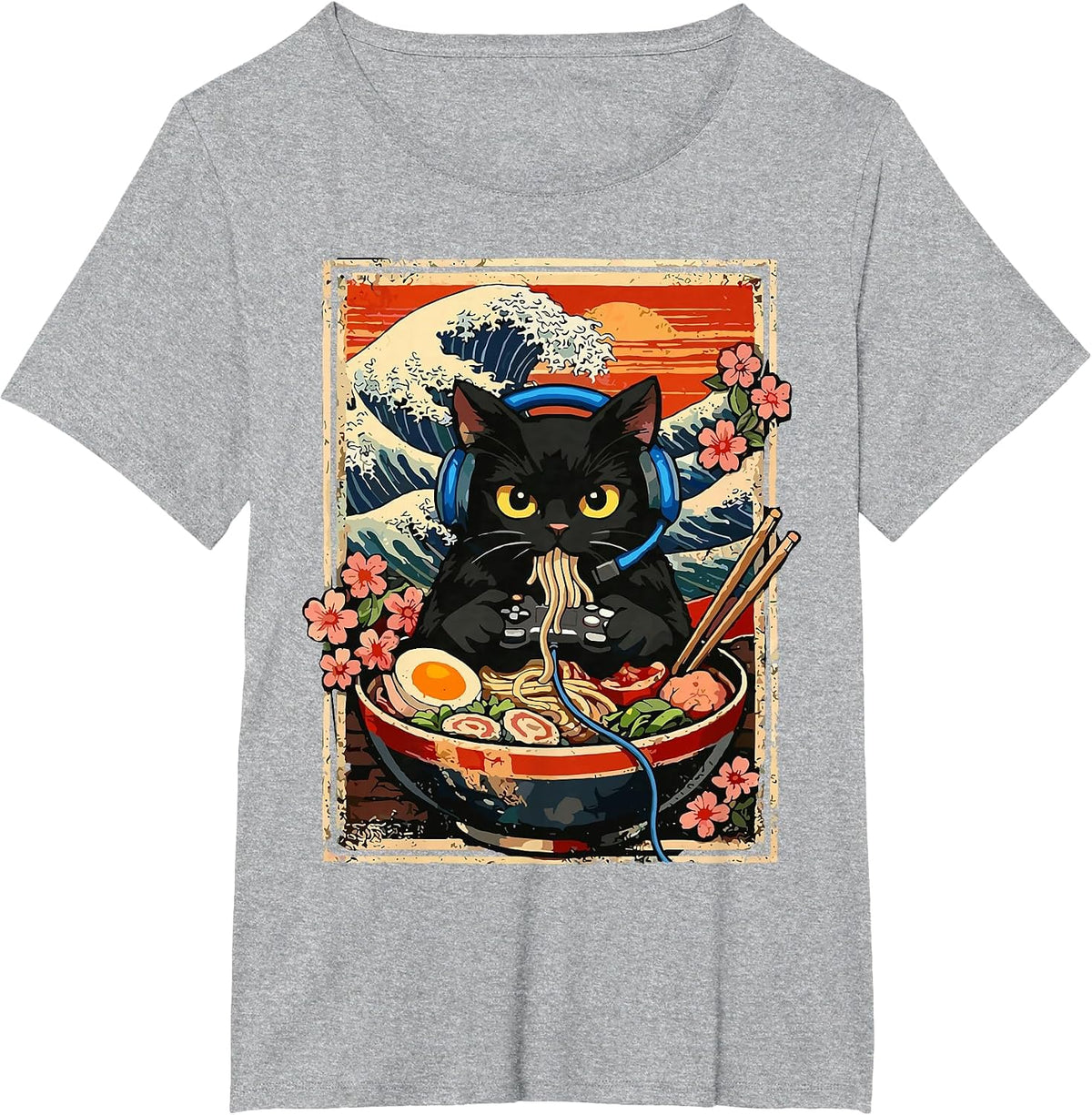 Kawaii Gamer Cat Eating Ramen T-Shirt - Heather Grey