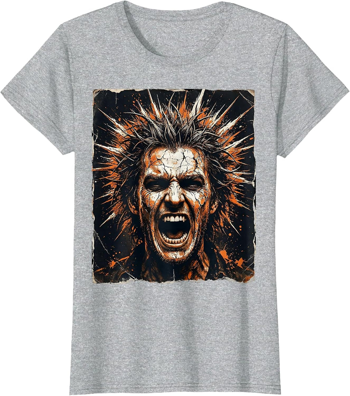Punk Rock Screaming Face Wild Spiked Hair Design T-Shirt - Heather Grey