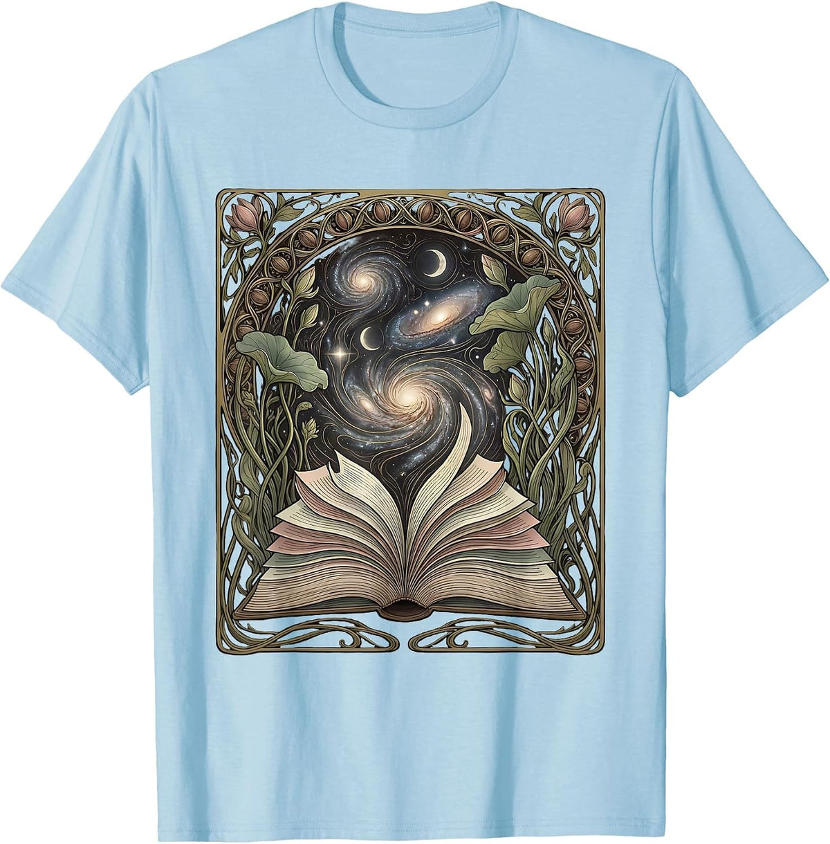 Open Book Galaxy Illustration Cosmic Reading T-Shirt - Baby Blue