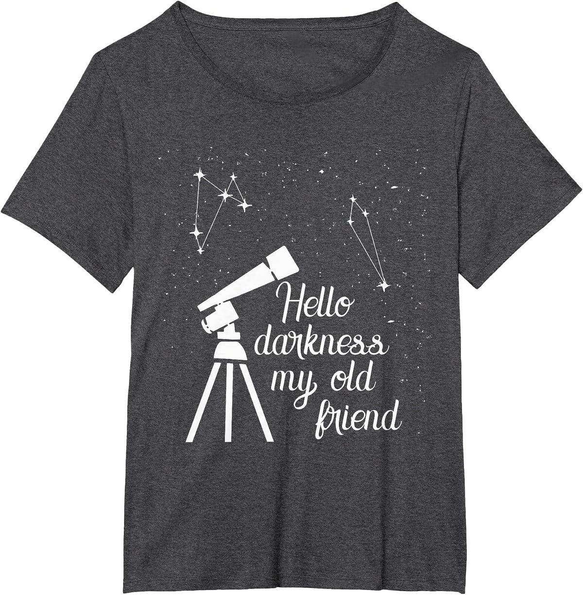Cosmology Saying - Hello Darkness My Old Friend - Telescope T-Shirt - Dark Heather Grey