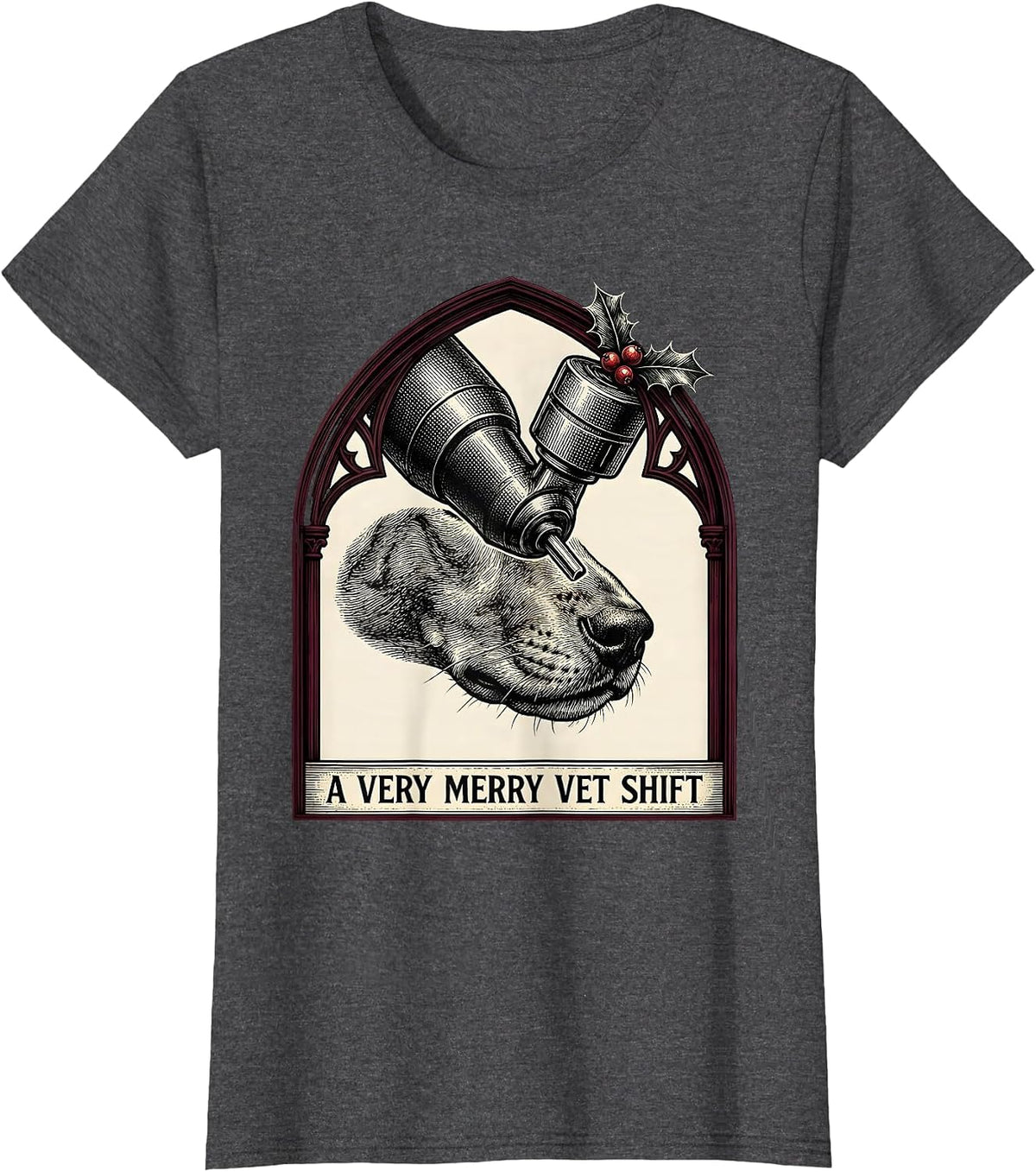 Women's A Very Merry Vet Shift Gothic Veterinary Tech Christmas T-Shirt - Dark Heather Grey