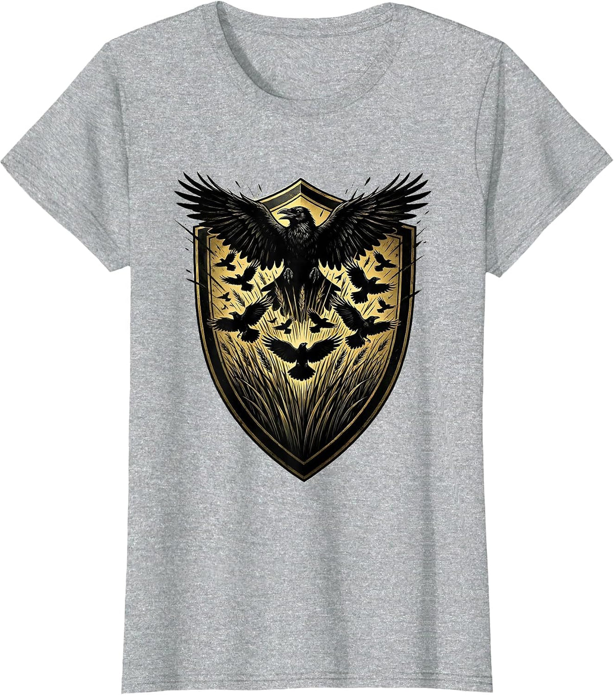 Women's Crows Bursting From Tall Grass Illustration T-Shirt - Heather Grey