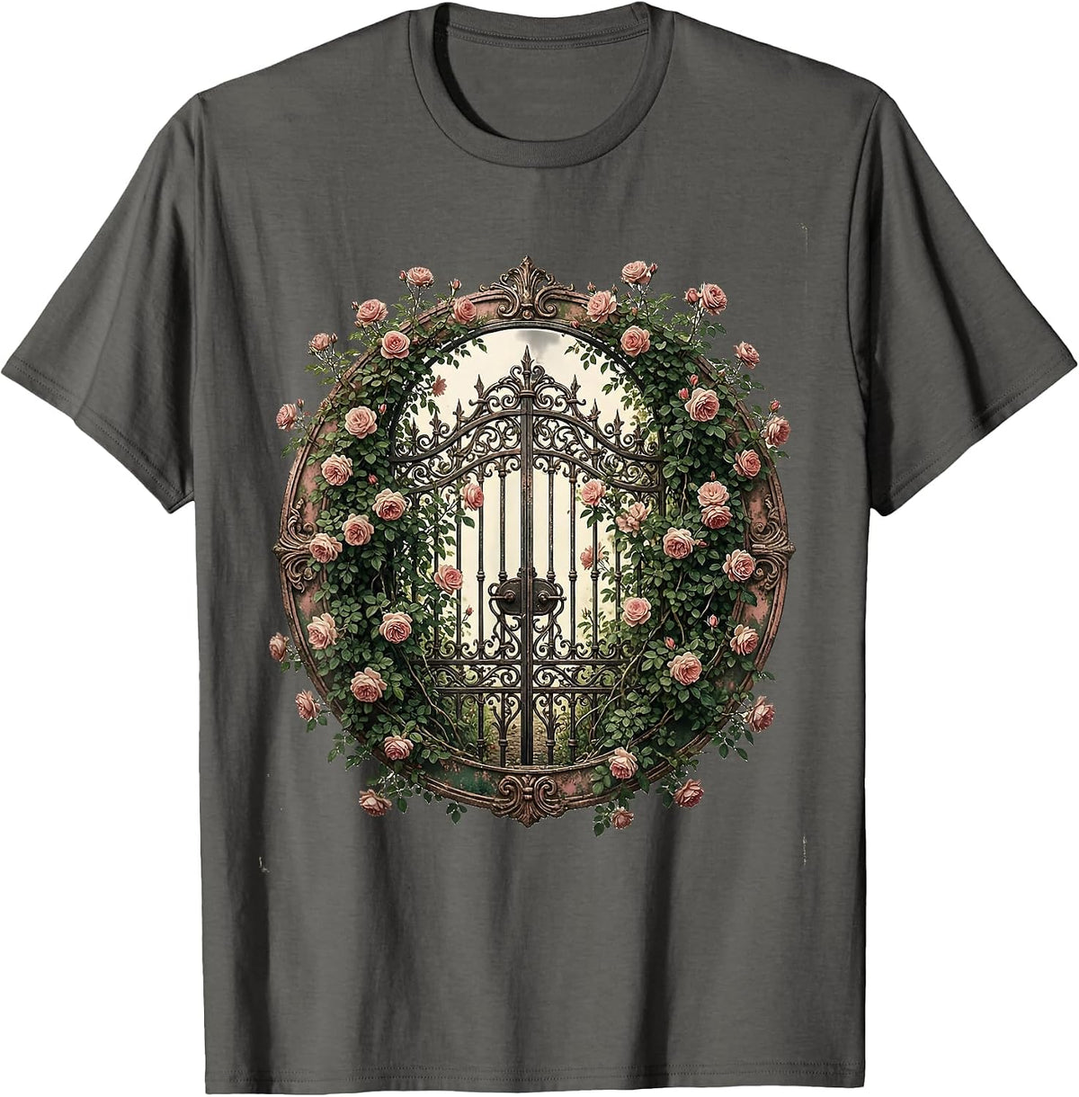 Overgrown Garden Gate Climbing Roses Illustration T-Shirt - Asphalt Grey