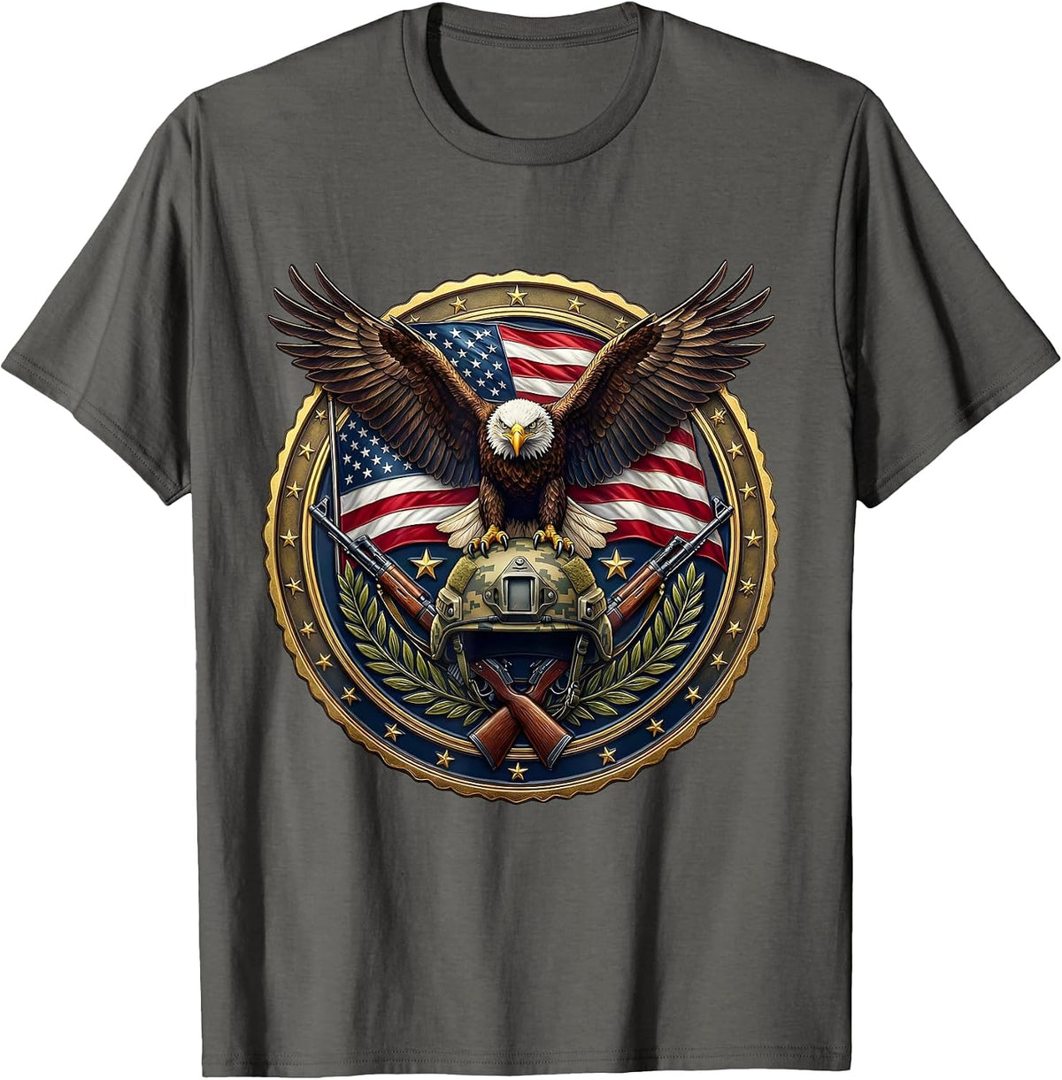 Men's Bald Eagle on Military Helmet Patriotic Design T-Shirt - Asphalt Grey
