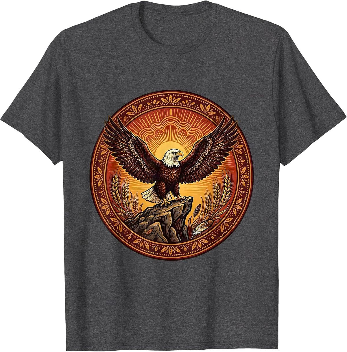 Men's Bald Eagle Cliff Sunrise Thanksgiving Design T-Shirt - Dark Heather Grey