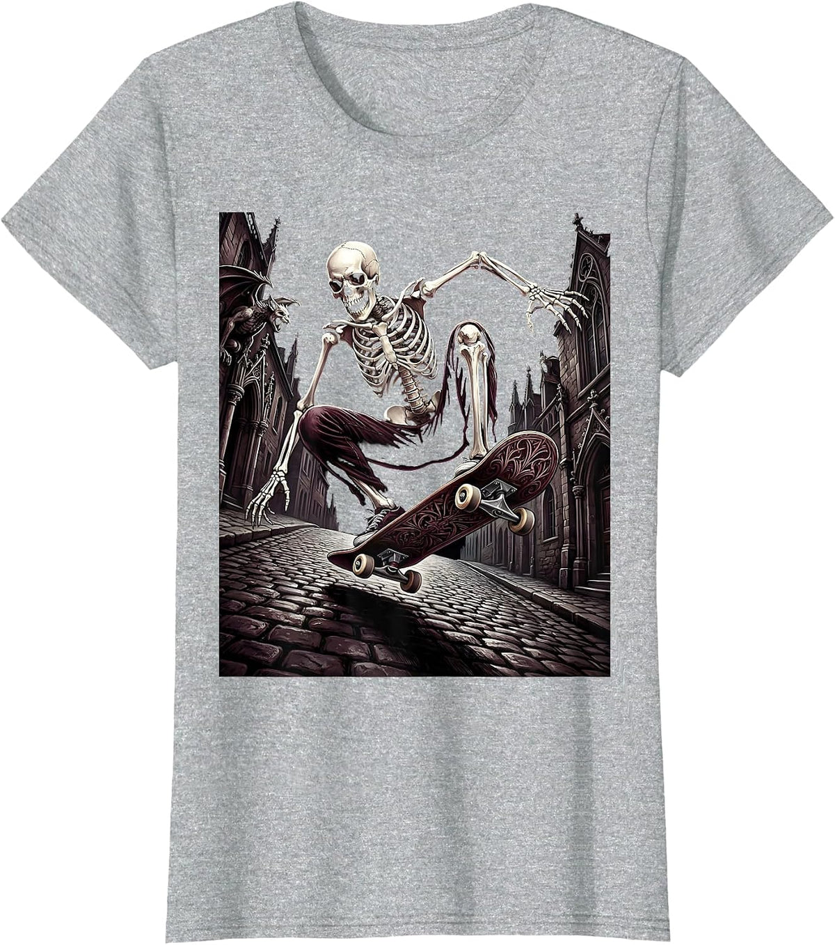 Women's Skeleton Skater Urban Downhill Graphic T-Shirt - Heather Grey