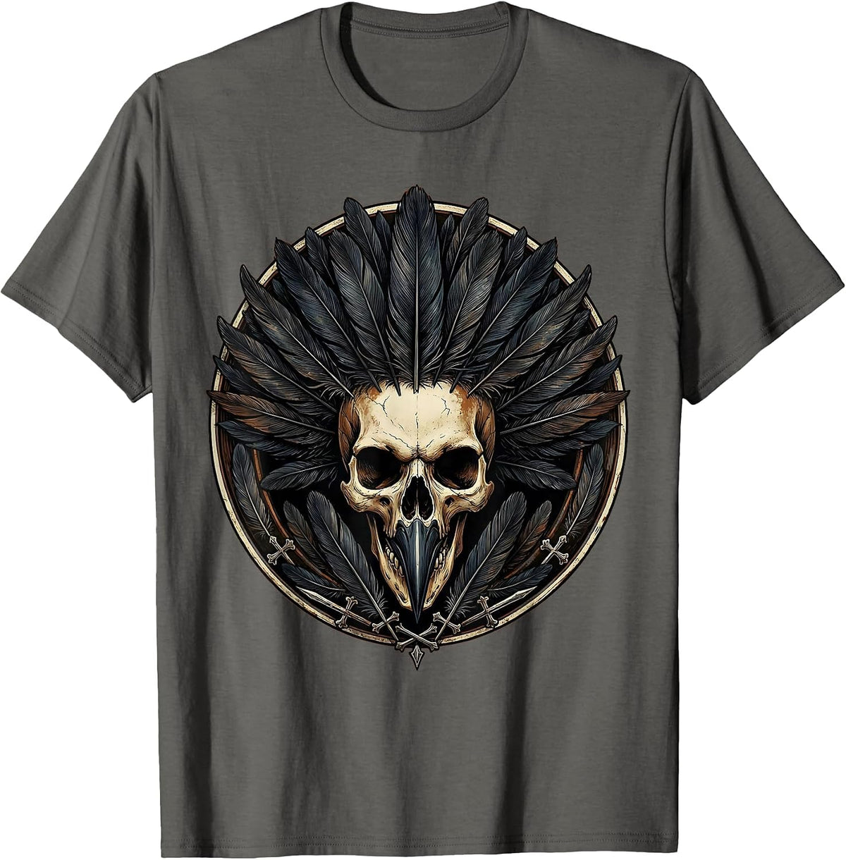 Men's Crow Skull Feather Crown Gothic Art Design T-Shirt - Asphalt Grey