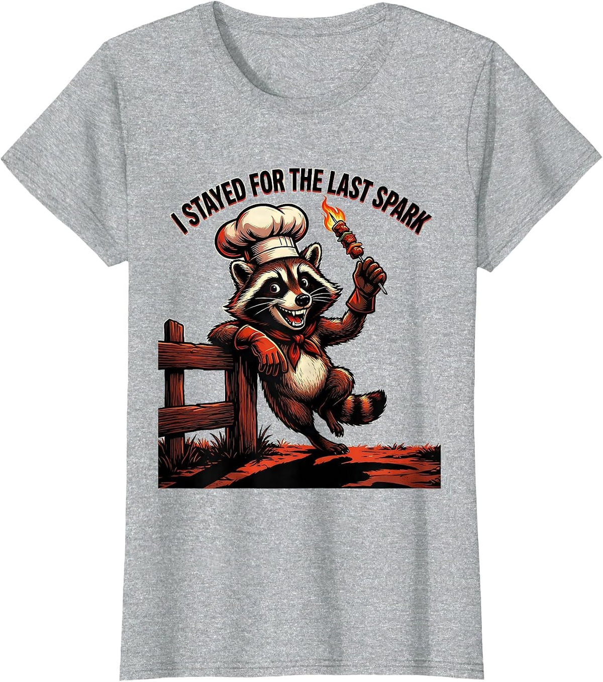 I Stayed For The Last Spark Retro BBQ Chef Raccoon Mascot T-Shirt - Heather Grey