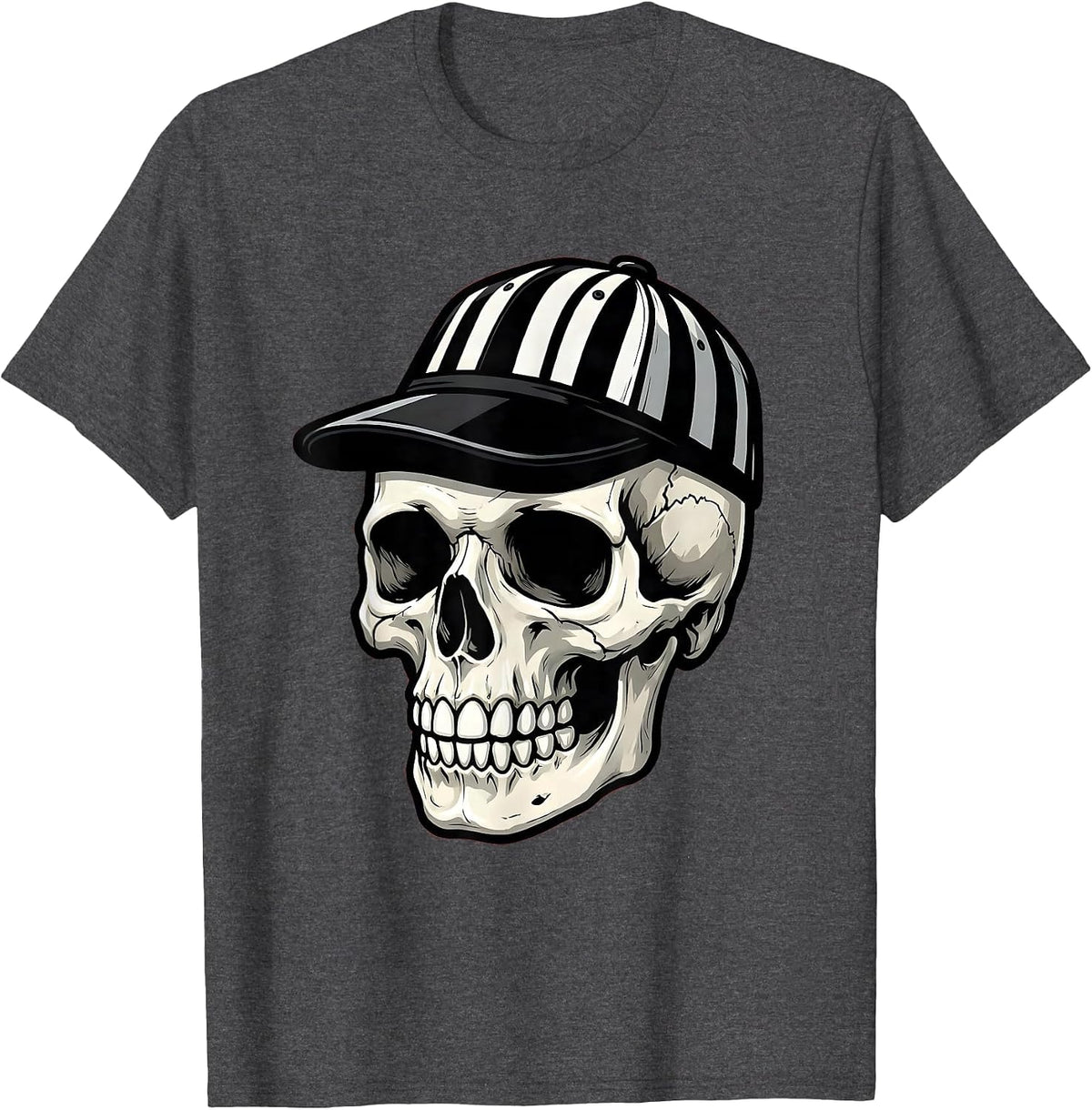 Skull in Black and White Striped Cap Graphic T-Shirt - Dark Heather Grey