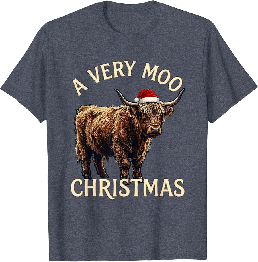 A Very Moo Christmas Highland Cow Holiday Humor Pajama Style T-Shirt - Heather Blue