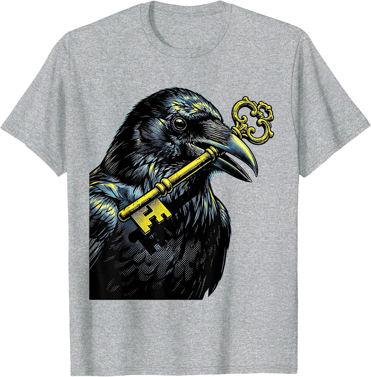 Men's Crow Clutching a Key Illustration Design T-Shirt - Heather Grey