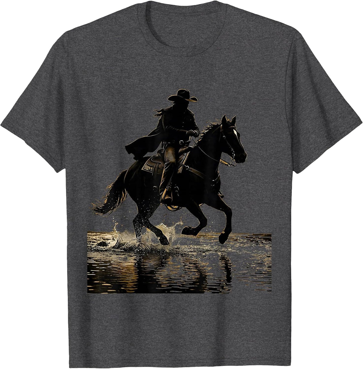 Cowboy Riding Horse Through River Crossing T-Shirt - Dark Heather Grey