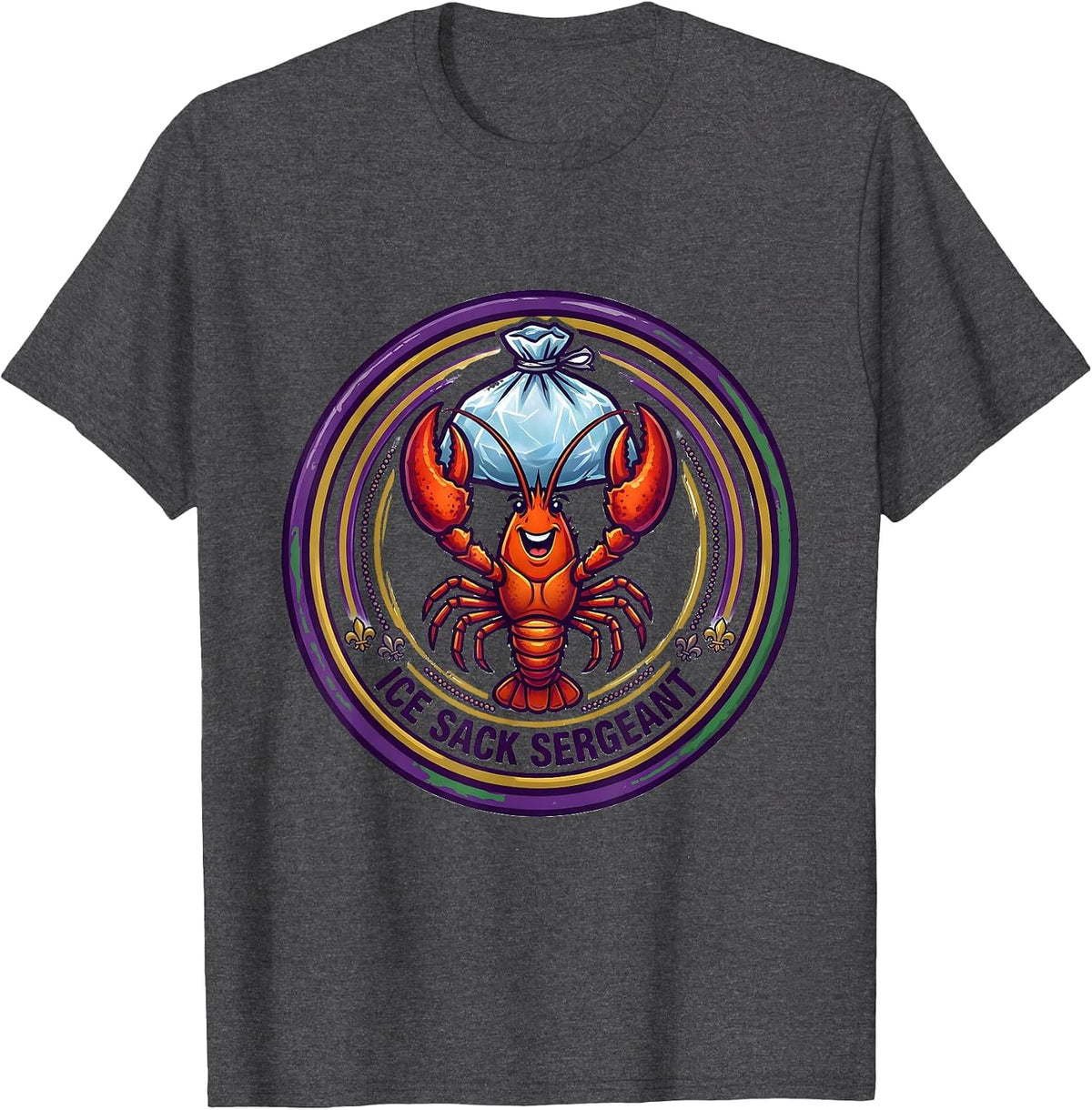 Men's Ice Sack Sergeant Emblem Funny Mardi Gras Crawfish Carnival T-Shirt - Dark Heather Grey