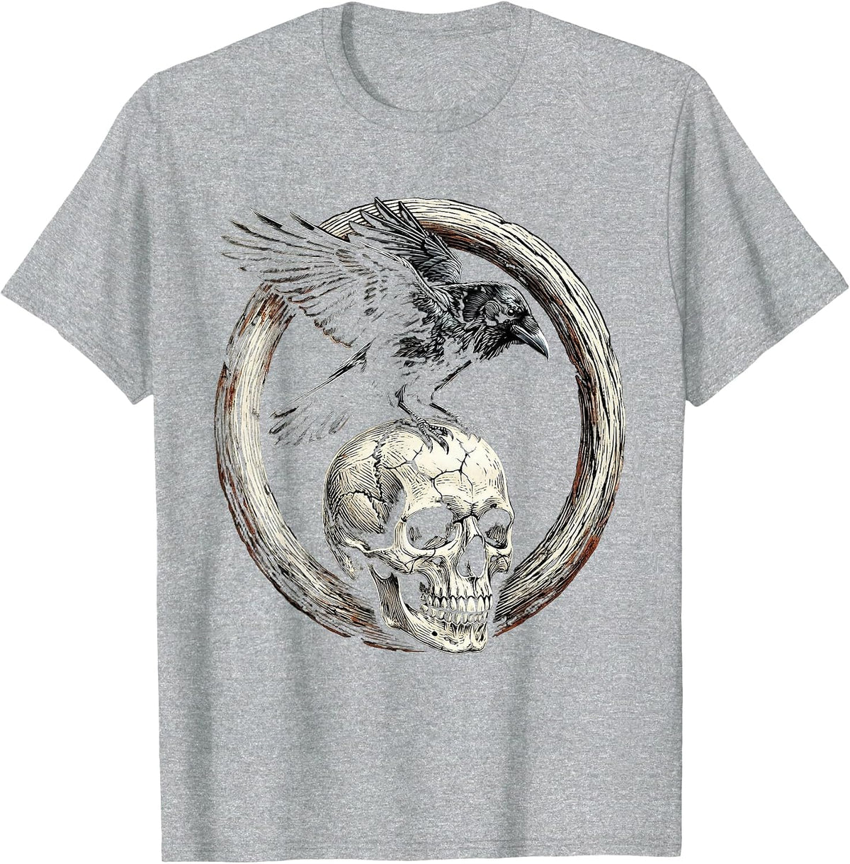Men's Crow Perched on Skull Dark Gothic Illustration T-Shirt - Heather Grey