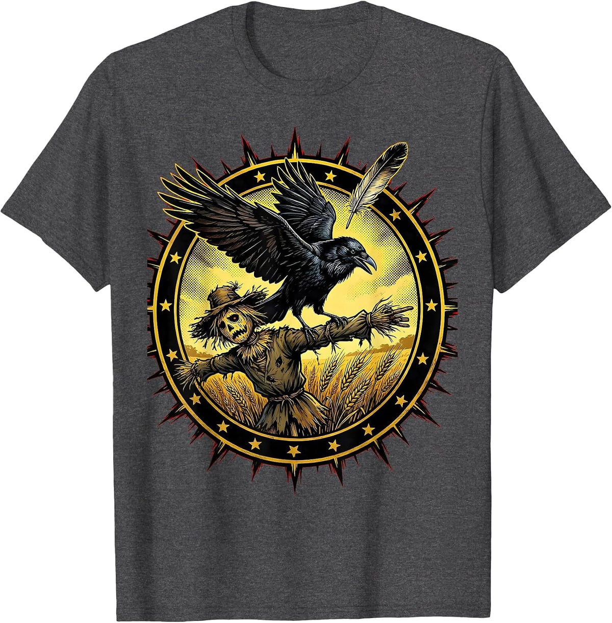 Crow Flipping Off Scarecrow Funny Field Art T-Shirt - Dark Heather Grey