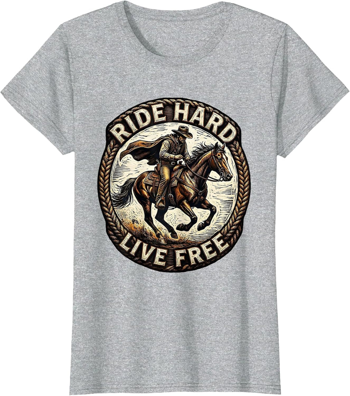Ride Hard Live Free Cowboy Western Design T-Shirt - Heather Grey