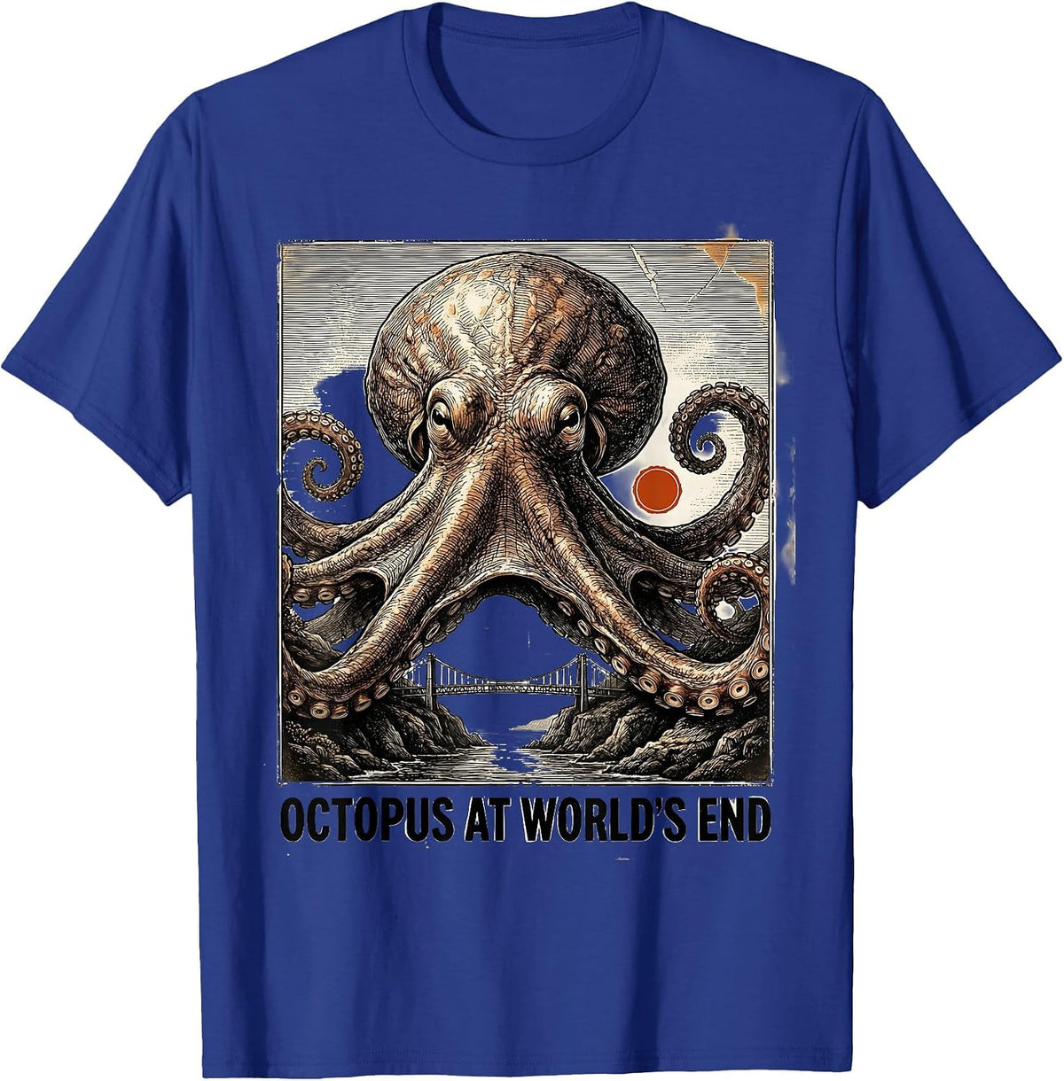 Men's Octopus at World's End Antique Plate-Illustration Octopus T-Shirt - Royal Blue